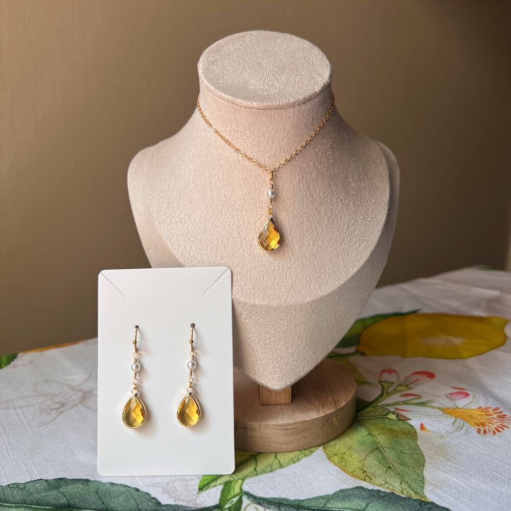 Citrine Yellow Crystal Glass Pearl Bridal Set Bridgerton Victorian Romantic